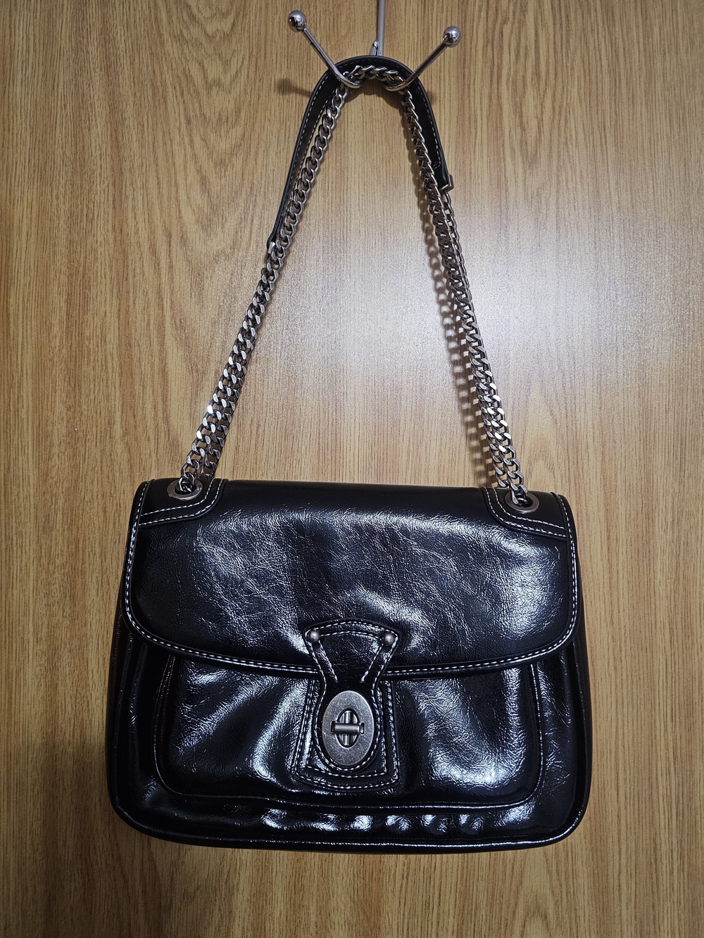 Billie Veromca Black Vegan Leather Chain Shoulder Bag -